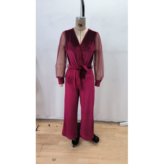 Kadın Uzun Kollu Kruvaze Yakalı Belden Kuşaklı Tül Detaylı Kadife Tulum , 29510