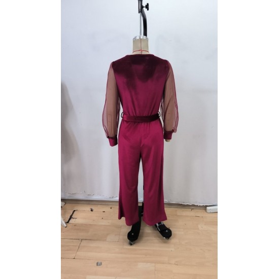 Kadın Uzun Kollu Kruvaze Yakalı Belden Kuşaklı Tül Detaylı Kadife Tulum , 29510