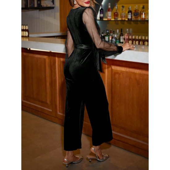 Kadın Uzun Kollu Kruvaze Yakalı Belden Kuşaklı Tül Detaylı Kadife Tulum , 29509 Kadın Uzun Kollu Kruvaze Yakalı Belden Kuşaklı Tül Detaylı Kadife Tulum , 29509