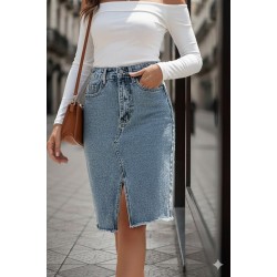 Kadın Elastik Bel Yırtık Kenar Detaylı Kot Etek, 29519