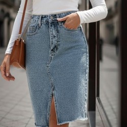 Kadın Elastik Bel Yırtık Kenar Detaylı Kot Etek, 29519