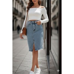 Kadın Elastik Bel Yırtık Kenar Detaylı Kot Etek, 29519