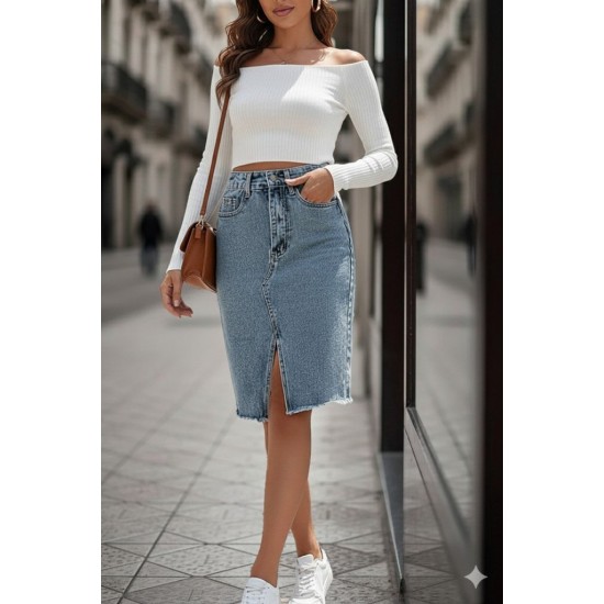Kadın Elastik Bel Yırtık Kenar Detaylı Kot Etek, 29519
