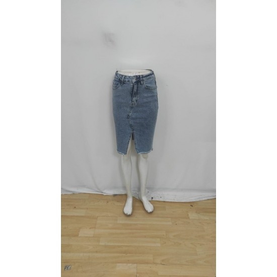 Kadın Elastik Bel Yırtık Kenar Detaylı Kot Etek, 29519