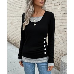 Kadın Uzun Kollu Yuvarlak Yaka Blok Renkli Yandan Düğmeli Viskon Bluz , 29518