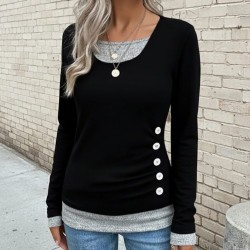 Kadın Uzun Kollu Yuvarlak Yaka Blok Renkli Yandan Düğmeli Viskon Bluz , 29518