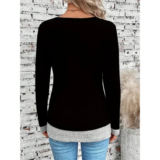 Kadın Uzun Kollu Yuvarlak Yaka Blok Renkli Yandan Düğmeli Viskon Bluz , 29518