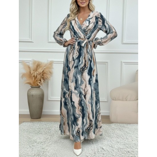 Kadın Uzun Kollu Kruvaze Yakalı Beli Kuşaklı Desenli Süprem Maxi Elbise , 29537