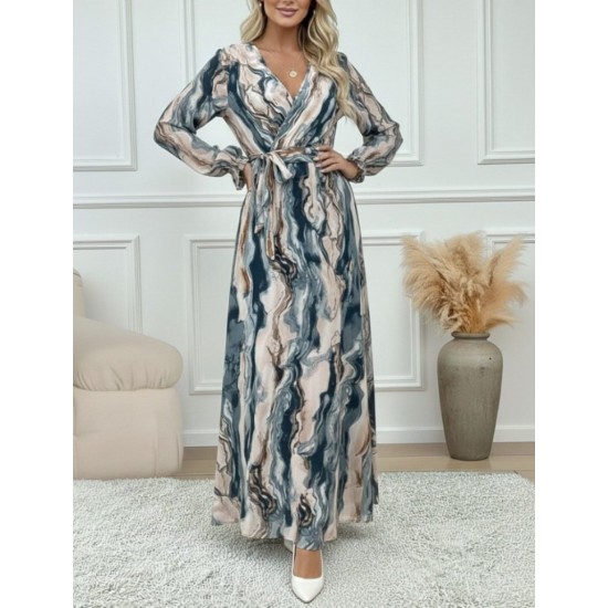 Kadın Uzun Kollu Kruvaze Yakalı Beli Kuşaklı Desenli Süprem Maxi Elbise , 29537