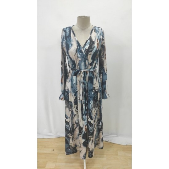 Kadın Uzun Kollu Kruvaze Yakalı Beli Kuşaklı Desenli Süprem Maxi Elbise , 29537