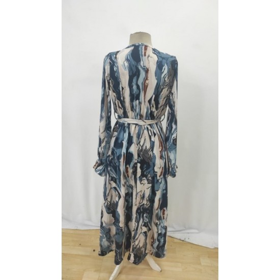 Kadın Uzun Kollu Kruvaze Yakalı Beli Kuşaklı Desenli Süprem Maxi Elbise , 29537