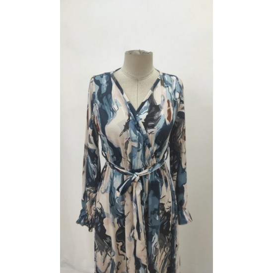 Kadın Uzun Kollu Kruvaze Yakalı Beli Kuşaklı Desenli Süprem Maxi Elbise , 29537