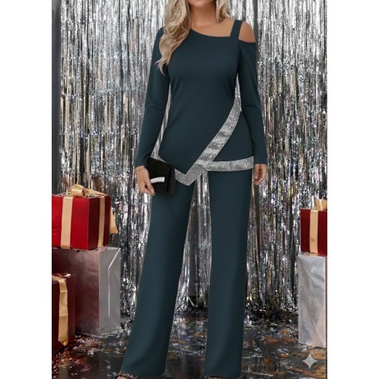 Kadın Tek Omuzdan Açık Uzun Kollu önü Pulpayet Ithal Krep Bluz Ve Pantolon, 29534 Kadın Tek Omuzdan Açık Uzun Kollu önü Pulpayet Ithal Krep Bluz Ve Pantolon, 29534