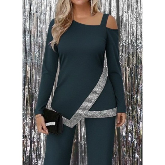 Kadın Tek Omuzdan Açık Uzun Kollu önü Pulpayet Ithal Krep Bluz Ve Pantolon, 29534 Kadın Tek Omuzdan Açık Uzun Kollu önü Pulpayet Ithal Krep Bluz Ve Pantolon, 29534