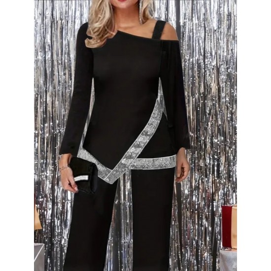 Kadın Tek Omuzdan Açık Uzun Kollu önü Pulpayet Ithal Krep Bluz Ve Pantolon , 29533 Kadın Tek Omuzdan Açık Uzun Kollu önü Pulpayet Ithal Krep Bluz Ve Pantolon , 29533