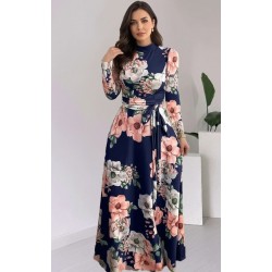 Kadın Uzun Kollu Yuvarlak Yakalı Beli Kuşaklı Desenli Süprem Uzun Elbise , 29530