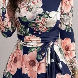 Kadın Uzun Kollu Yuvarlak Yakalı Beli Kuşaklı Desenli Süprem Uzun Elbise , 29530