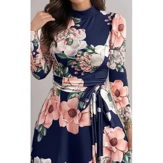 Kadın Uzun Kollu Yuvarlak Yakalı Beli Kuşaklı Desenli Süprem Uzun Elbise , 29530