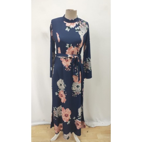 Kadın Uzun Kollu Yuvarlak Yakalı Beli Kuşaklı Desenli Süprem Uzun Elbise , 29530