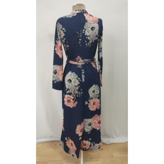 Kadın Uzun Kollu Yuvarlak Yakalı Beli Kuşaklı Desenli Süprem Uzun Elbise , 29530