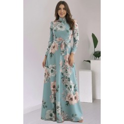 Kadın Uzun Kollu Yuvarlak Yakalı Beli Kuşaklı Desenli Süprem Uzun Elbise , 29529