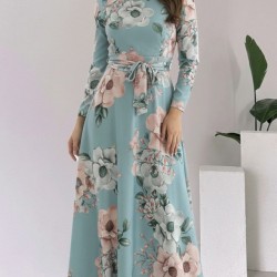 Kadın Uzun Kollu Yuvarlak Yakalı Beli Kuşaklı Desenli Süprem Uzun Elbise , 29529