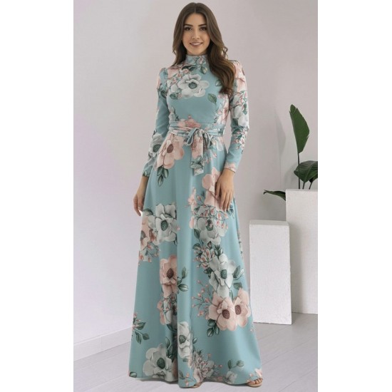 Kadın Uzun Kollu Yuvarlak Yakalı Beli Kuşaklı Desenli Süprem Uzun Elbise , 29529