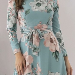 Kadın Uzun Kollu Yuvarlak Yakalı Beli Kuşaklı Desenli Süprem Uzun Elbise , 29529