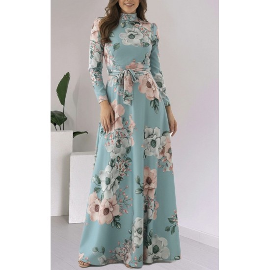 Kadın Uzun Kollu Yuvarlak Yakalı Beli Kuşaklı Desenli Süprem Uzun Elbise , 29529