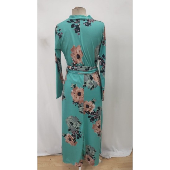 Kadın Uzun Kollu Yuvarlak Yakalı Beli Kuşaklı Desenli Süprem Uzun Elbise , 29529