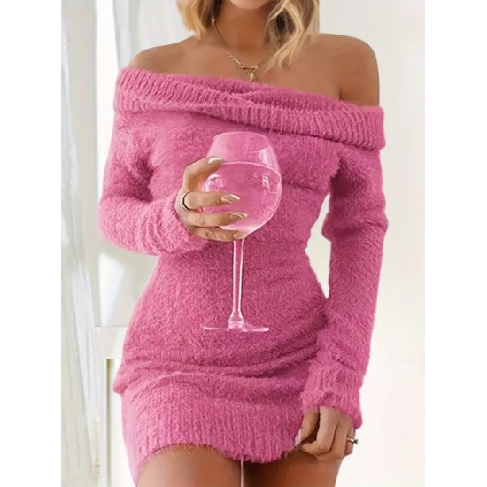 Kadın Uzun Kollu Omuzlardan Açık Kısa şardonlu Triko Elbise , 29522