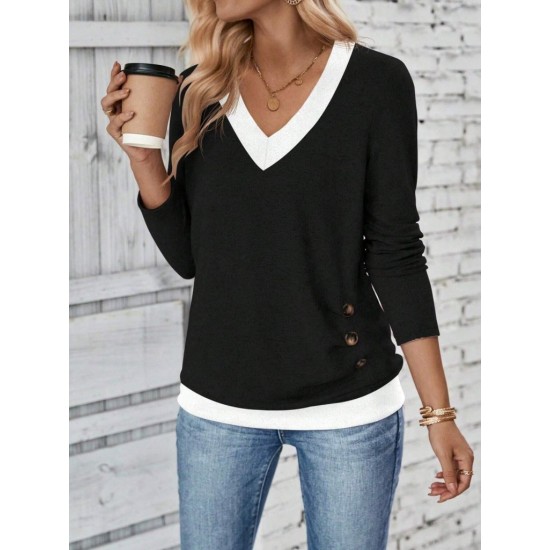 Kadın Uzun Kollu V Yakalı Yandan Düğmeli Yün Viskon Bluz , 29520