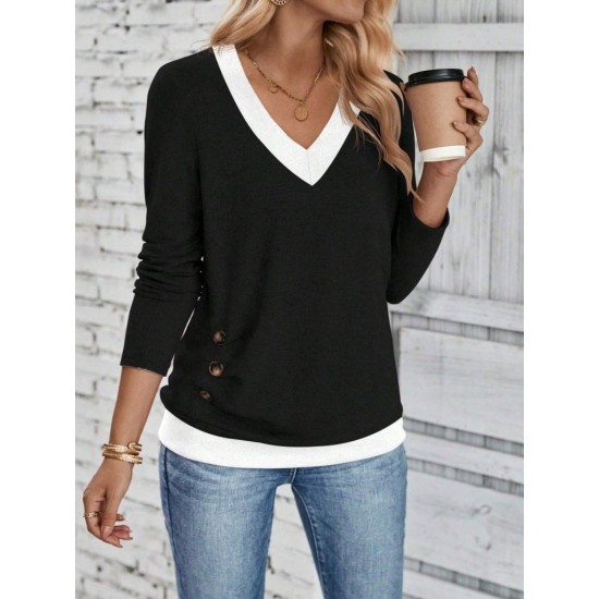 Kadın Uzun Kollu V Yakalı Yandan Düğmeli Yün Viskon Bluz , 29520