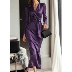 Kadın Uzun Kollu Kruvaze Yakalı Beli Kuşaklı Uzun Saten Elbise , 29552