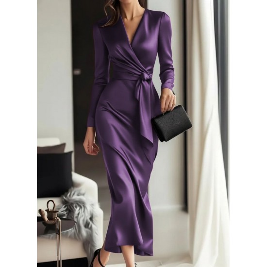 Kadın Uzun Kollu Kruvaze Yakalı Beli Kuşaklı Uzun Saten Elbise , 29552