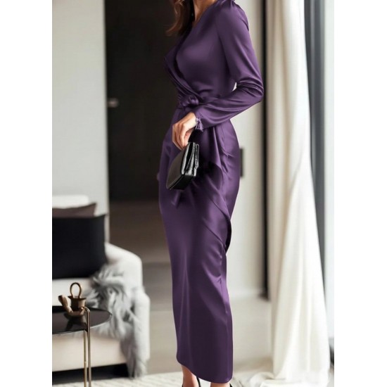 Kadın Uzun Kollu Kruvaze Yakalı Beli Kuşaklı Uzun Saten Elbise , 29552