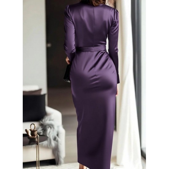 Kadın Uzun Kollu Kruvaze Yakalı Beli Kuşaklı Uzun Saten Elbise , 29552