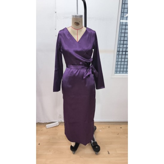 Kadın Uzun Kollu Kruvaze Yakalı Beli Kuşaklı Uzun Saten Elbise , 29552