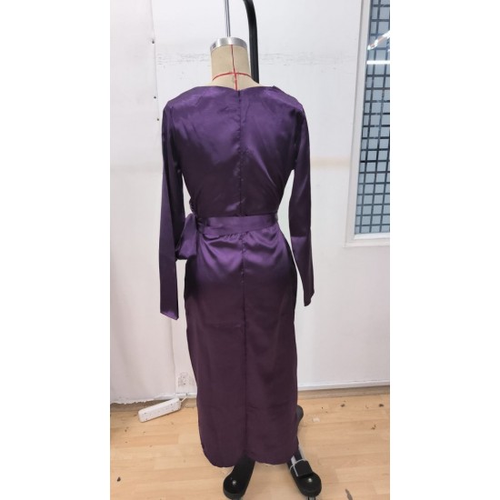 Kadın Uzun Kollu Kruvaze Yakalı Beli Kuşaklı Uzun Saten Elbise , 29552