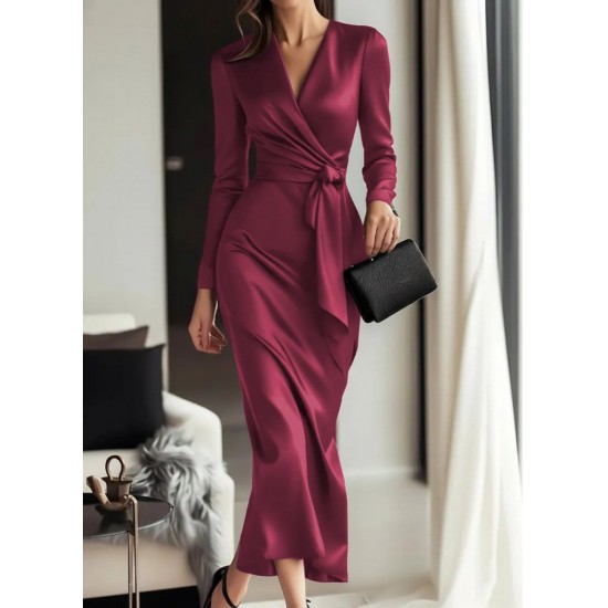 Kadın Uzun Kollu Kruvaze Yakalı Beli Kuşaklı Uzun Saten Elbise , 29551