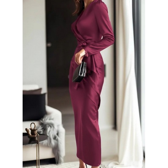 Kadın Uzun Kollu Kruvaze Yakalı Beli Kuşaklı Uzun Saten Elbise , 29551