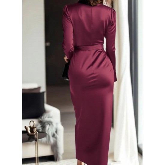 Kadın Uzun Kollu Kruvaze Yakalı Beli Kuşaklı Uzun Saten Elbise , 29551