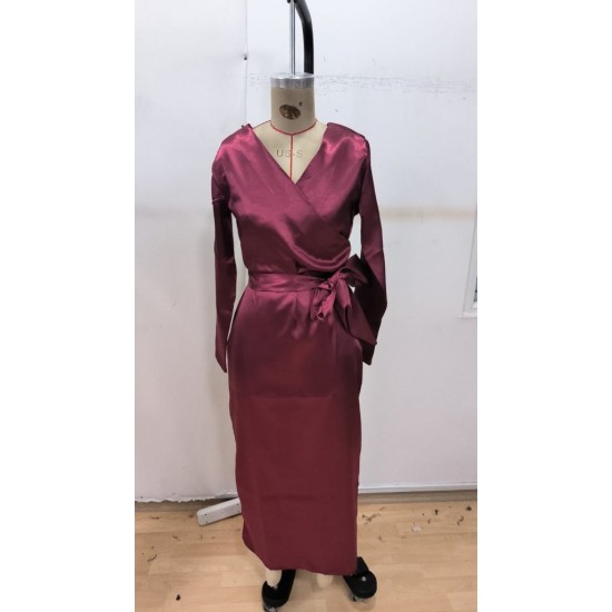 Kadın Uzun Kollu Kruvaze Yakalı Beli Kuşaklı Uzun Saten Elbise , 29551