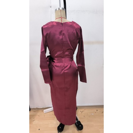 Kadın Uzun Kollu Kruvaze Yakalı Beli Kuşaklı Uzun Saten Elbise , 29551