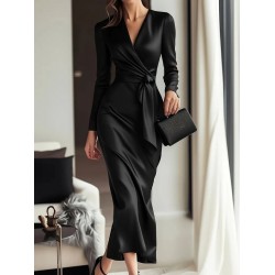 Kadın Uzun Kollu Kruvaze Yakalı Beli Kuşaklı Uzun Saten Elbise , 29550