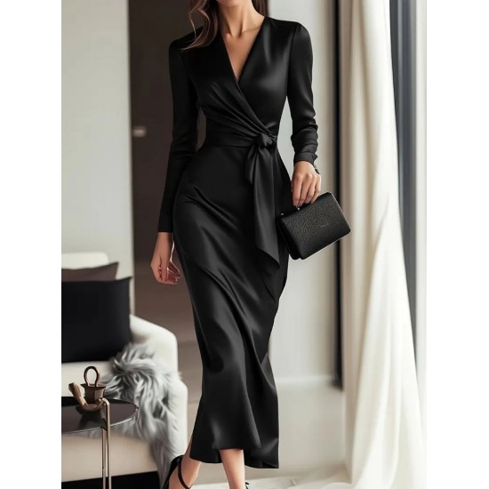 Kadın Uzun Kollu Kruvaze Yakalı Beli Kuşaklı Uzun Saten Elbise , 29550