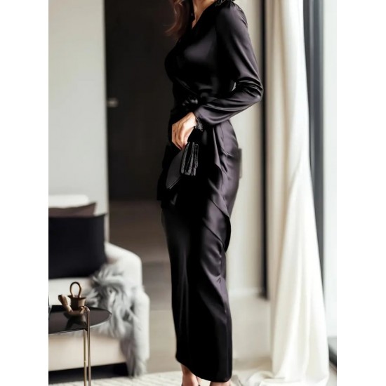 Kadın Uzun Kollu Kruvaze Yakalı Beli Kuşaklı Uzun Saten Elbise , 29550