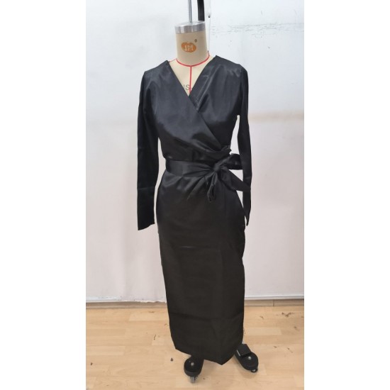 Kadın Uzun Kollu Kruvaze Yakalı Beli Kuşaklı Uzun Saten Elbise , 29550