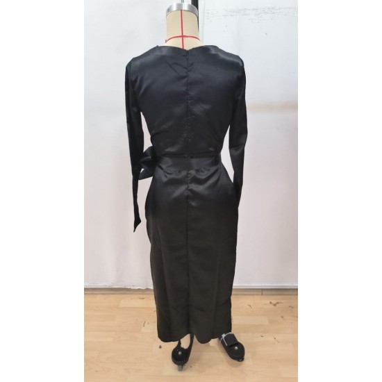 Kadın Uzun Kollu Kruvaze Yakalı Beli Kuşaklı Uzun Saten Elbise , 29550