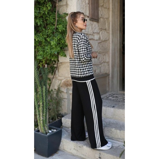 Kadın Uzun Kollu Bisiklet Yaka Kazayağı Desenli Iki Iplik Bluz Ve Viskon Iki Iplik Pantolon Ikili Takım, 29546